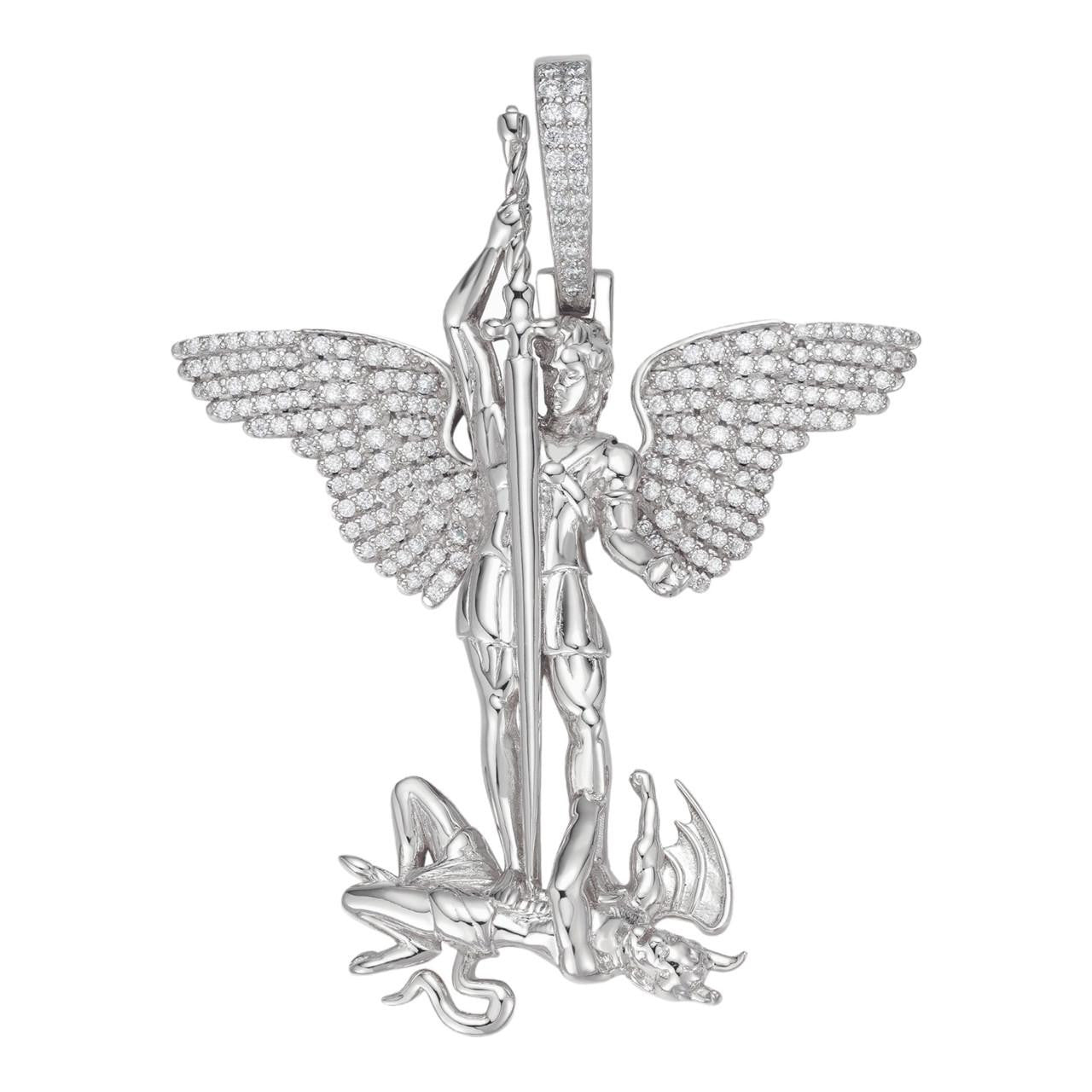 MOISSANITE Artwork Saint St Michael Slaying Dragon Archangel Pendant - 925 Silver - 3 Sizes 1"-3"