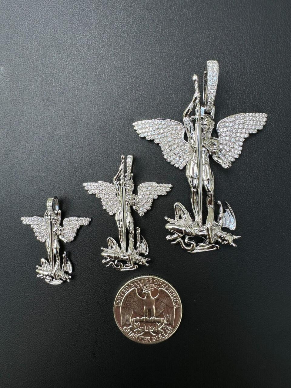 MOISSANITE Artwork Saint St Michael Slaying Dragon Archangel Pendant - 925 Silver - 3 Sizes 1"-3"