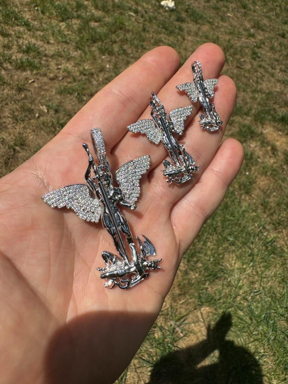 MOISSANITE Artwork Saint St Michael Slaying Dragon Archangel Pendant - 925 Silver - 3 Sizes 1"-3"