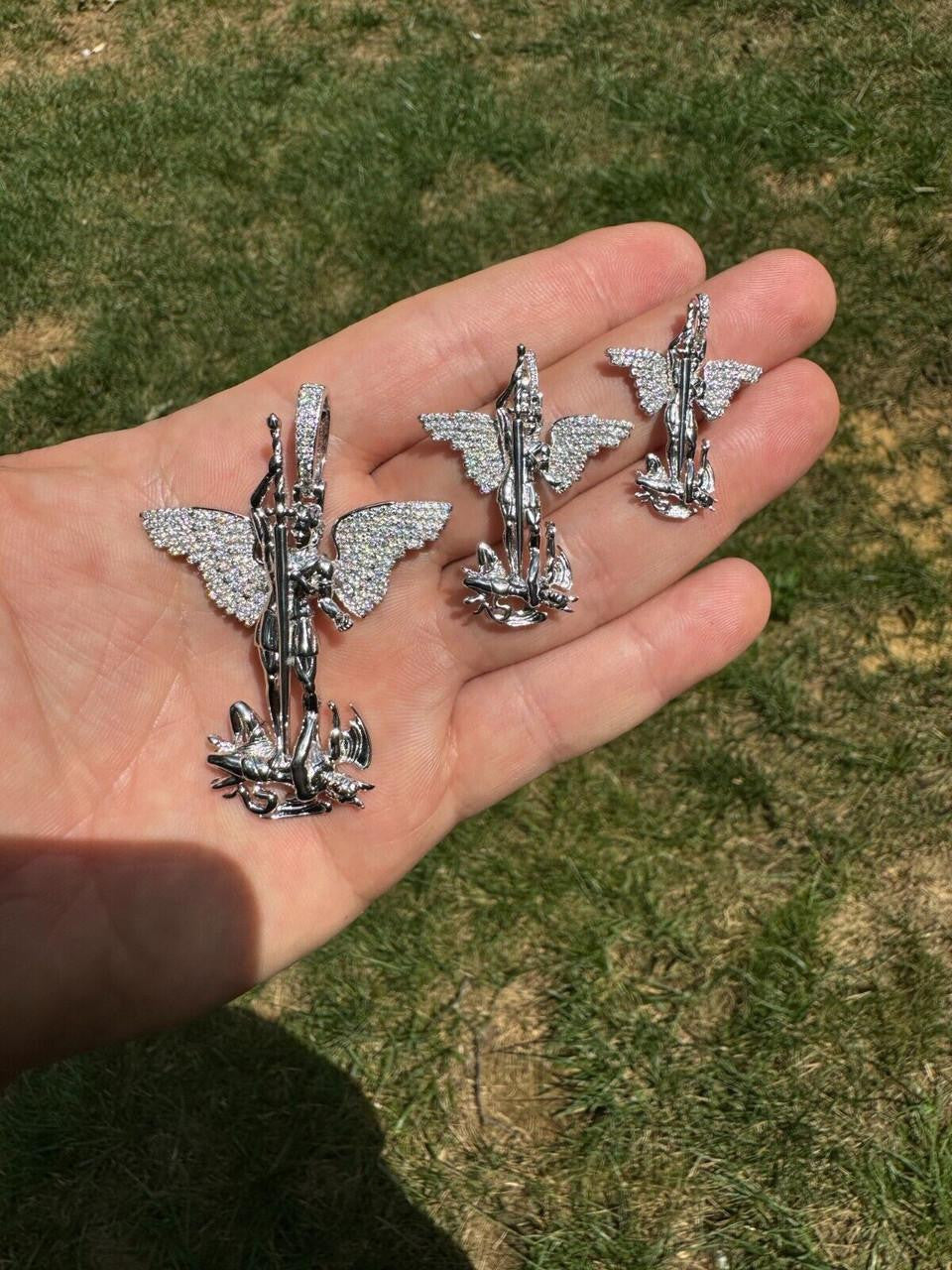 MOISSANITE Artwork Saint St Michael Slaying Dragon Archangel Pendant - 925 Silver - 3 Sizes 1"-3"