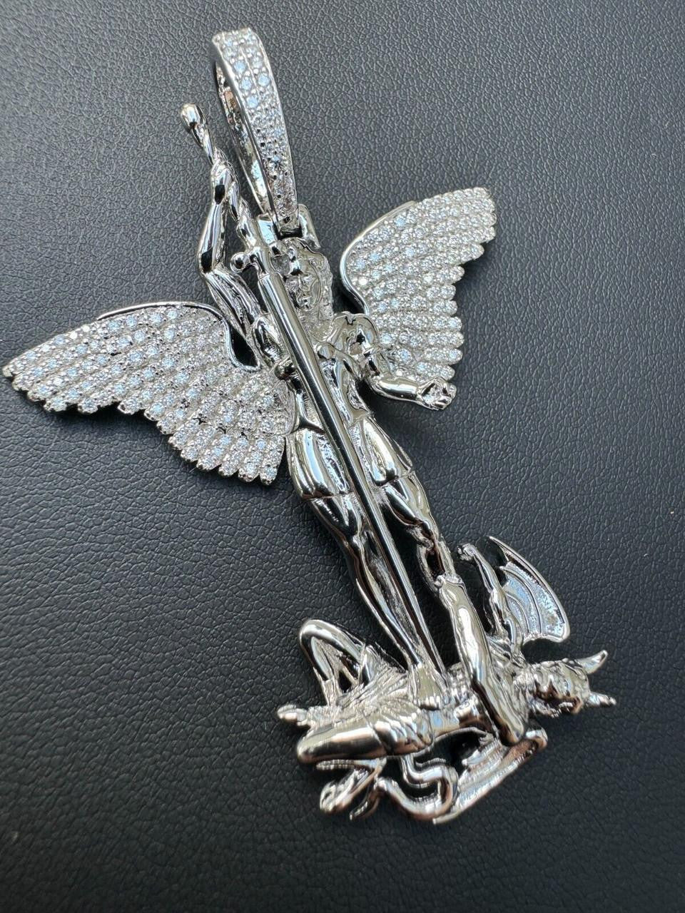 MOISSANITE Artwork Saint St Michael Slaying Dragon Archangel Pendant - 925 Silver - 3 Sizes 1"-3"