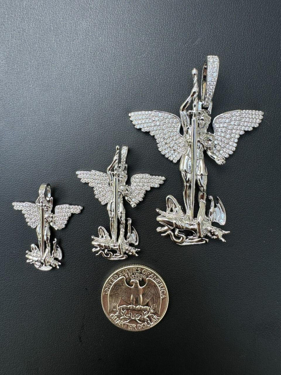 MOISSANITE Artwork Saint St Michael Slaying Dragon Archangel Pendant - 925 Silver - 3 Sizes 1"-3"