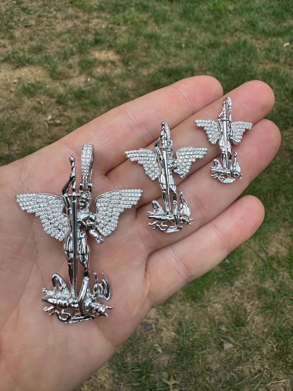 MOISSANITE Artwork Saint St Michael Slaying Dragon Archangel Pendant - 925 Silver - 3 Sizes 1"-3"