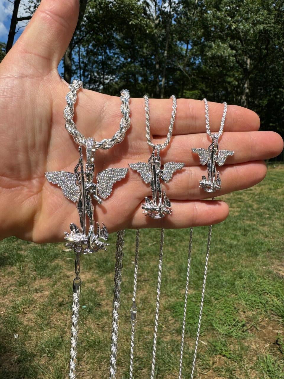 MOISSANITE Artwork Saint St Michael Slaying Dragon Archangel Pendant - 925 Silver - 3 Sizes 1"-3"