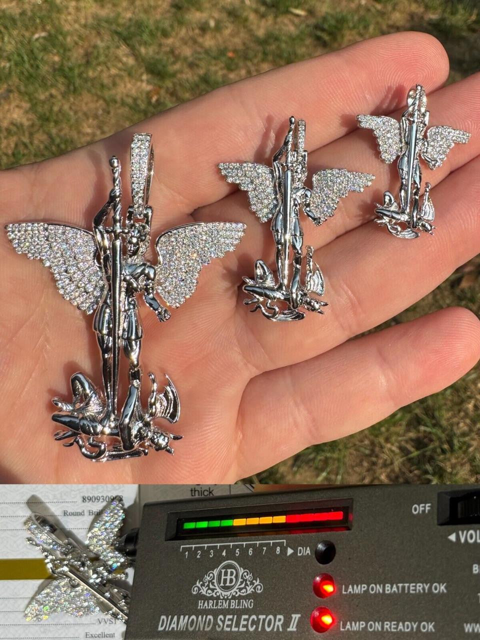 MOISSANITE Artwork Saint St Michael Slaying Dragon Archangel Pendant - 925 Silver - 3 Sizes 1"-3"