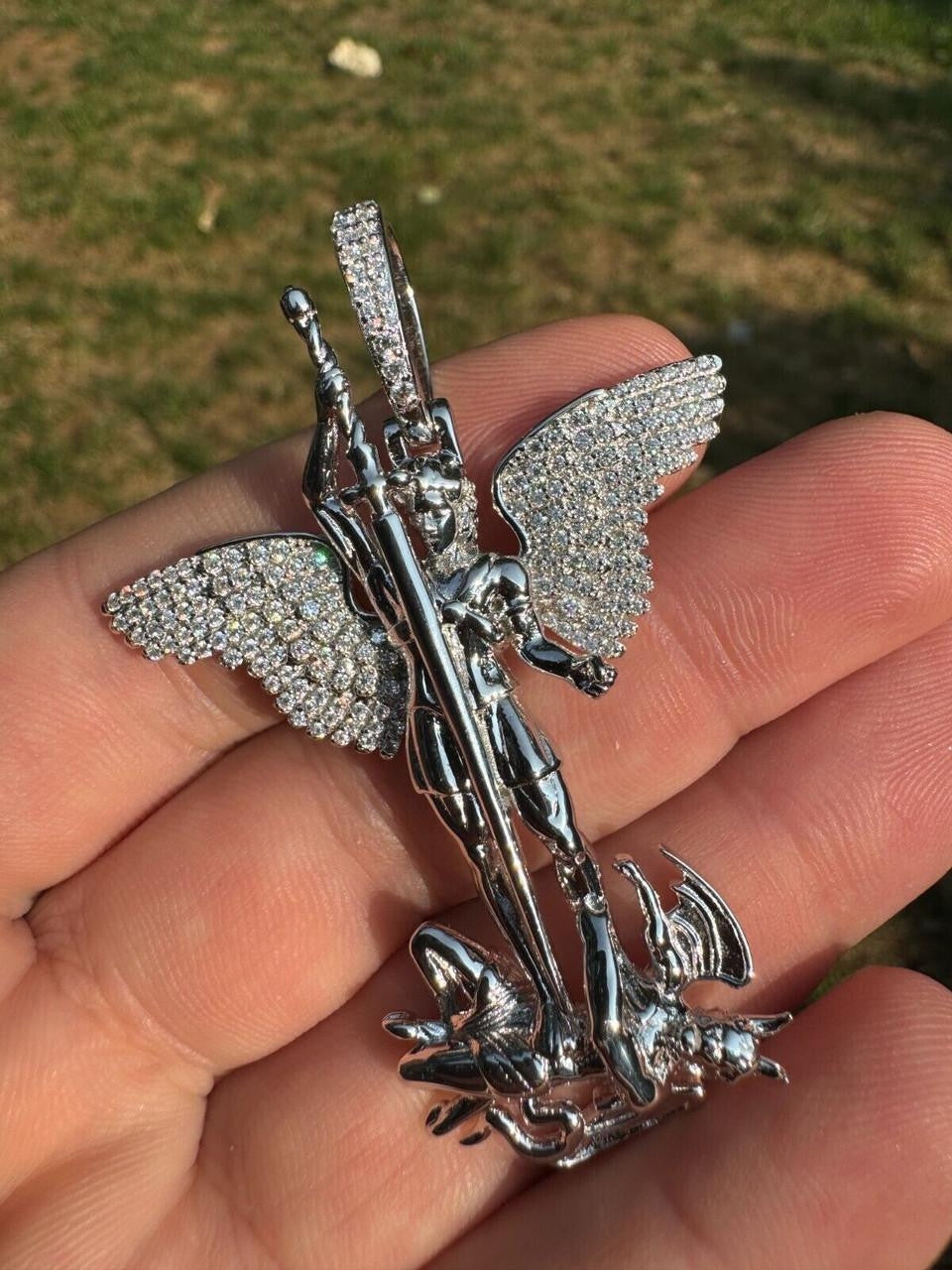 MOISSANITE Artwork Saint St Michael Slaying Dragon Archangel Pendant - 925 Silver - 3 Sizes 1"-3"