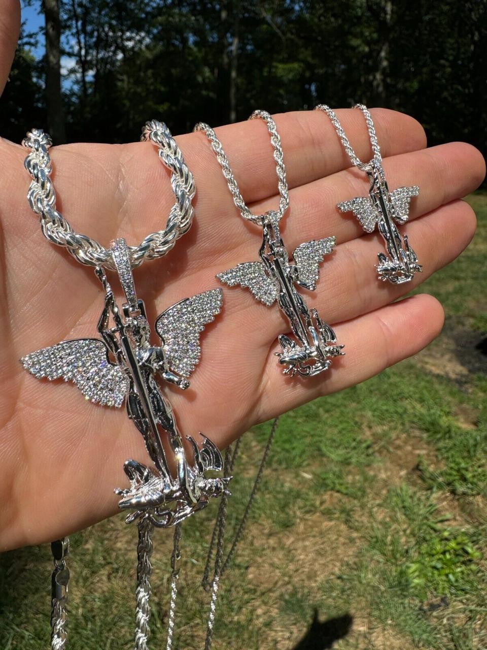 MOISSANITE Artwork Saint St Michael Slaying Dragon Archangel Pendant - 925 Silver - 3 Sizes 1"-3"