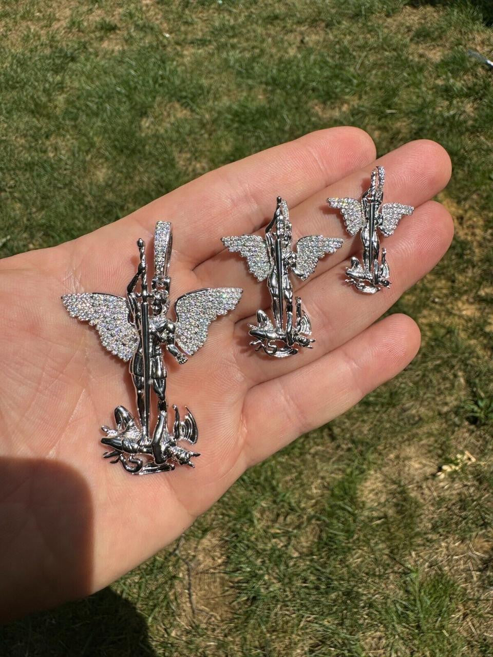 MOISSANITE Artwork Saint St Michael Slaying Dragon Archangel Pendant - 925 Silver - 3 Sizes 1"-3"