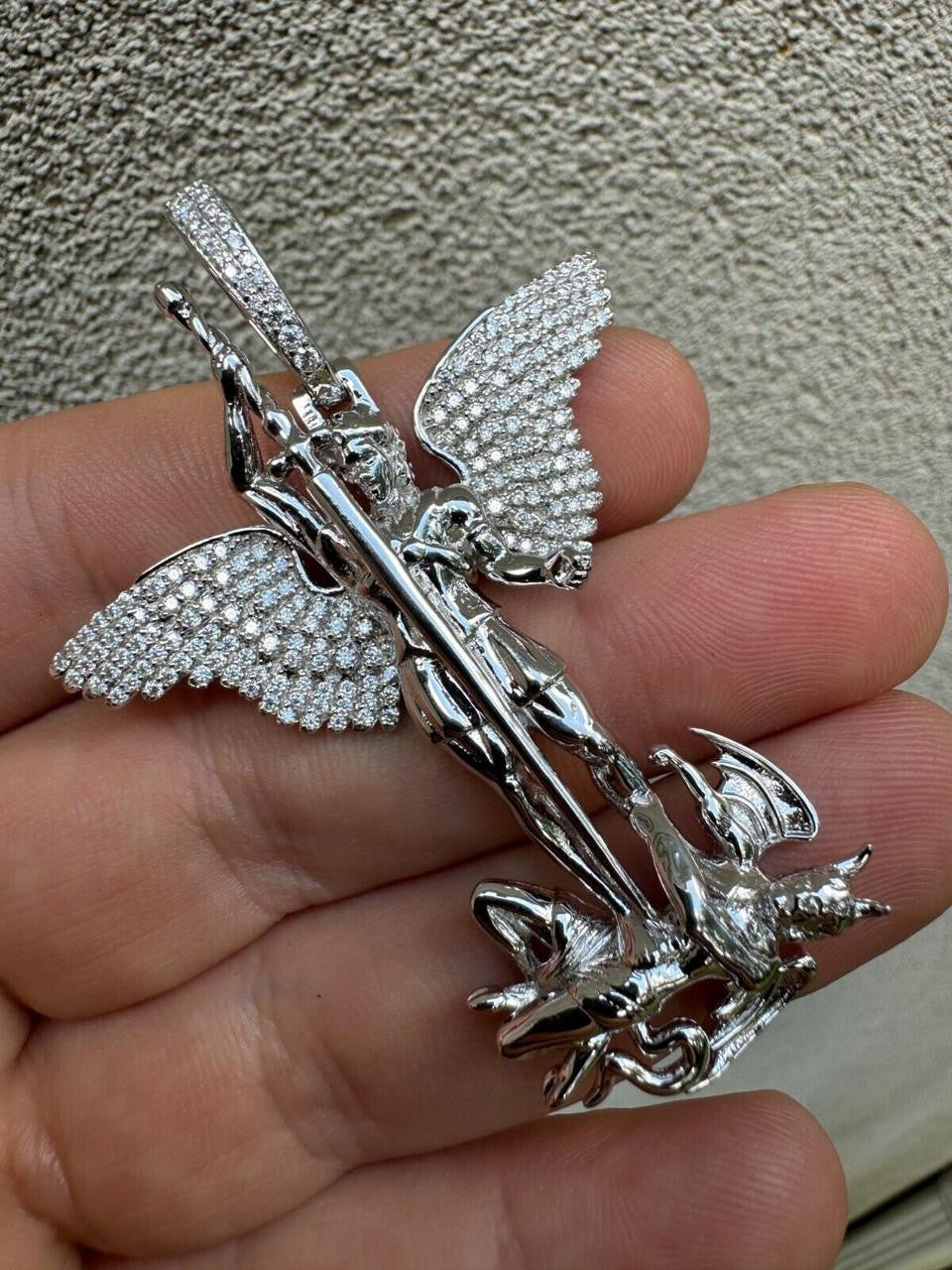 MOISSANITE Artwork Saint St Michael Slaying Dragon Archangel Pendant - 925 Silver - 3 Sizes 1"-3"