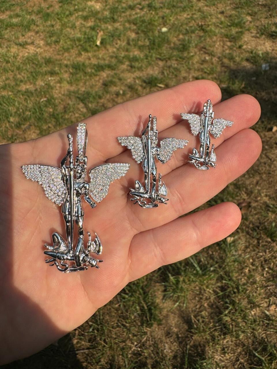MOISSANITE Artwork Saint St Michael Slaying Dragon Archangel Pendant - 925 Silver - 3 Sizes 1"-3"