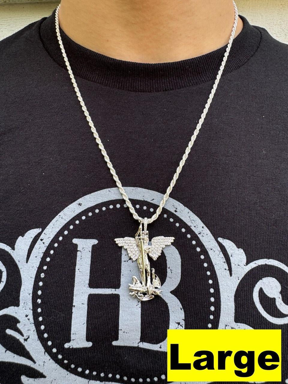 MOISSANITE Artwork Saint St Michael Slaying Dragon Archangel Pendant - 925 Silver - 3 Sizes 1"-3"