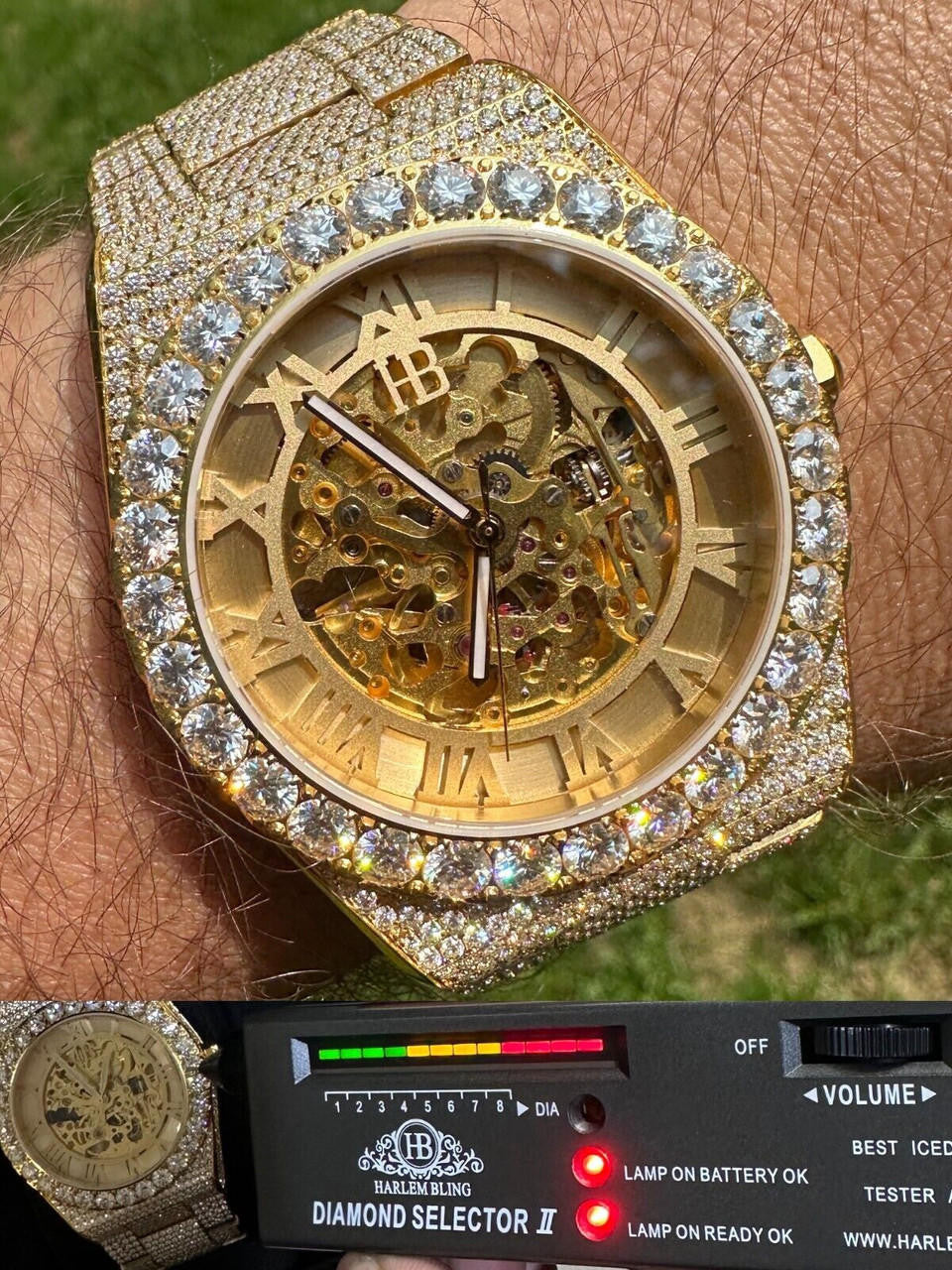 MOISSANITE Automatic Gold Skeleton Watch Mens Real Iced Hip Hop Passes Tester 