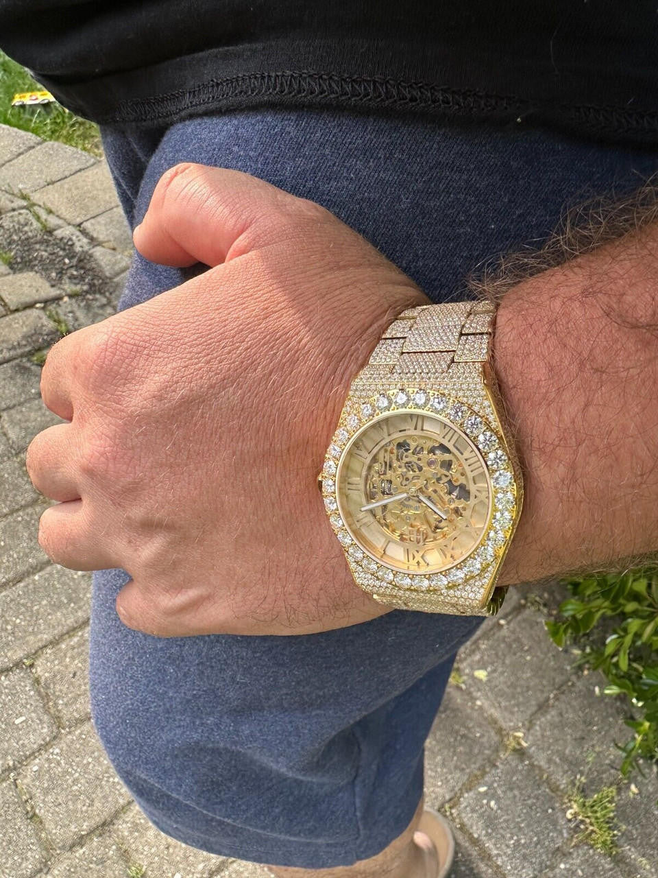 MOISSANITE Automatic Gold Skeleton Watch Mens Real Iced Hip Hop Passes Tester 