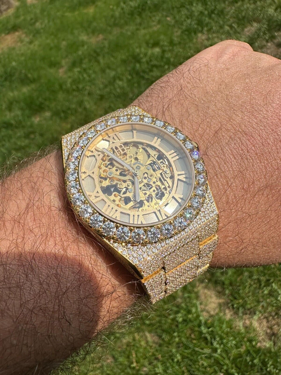 MOISSANITE Automatic Gold Skeleton Watch Mens Real Iced Hip Hop Passes Tester 