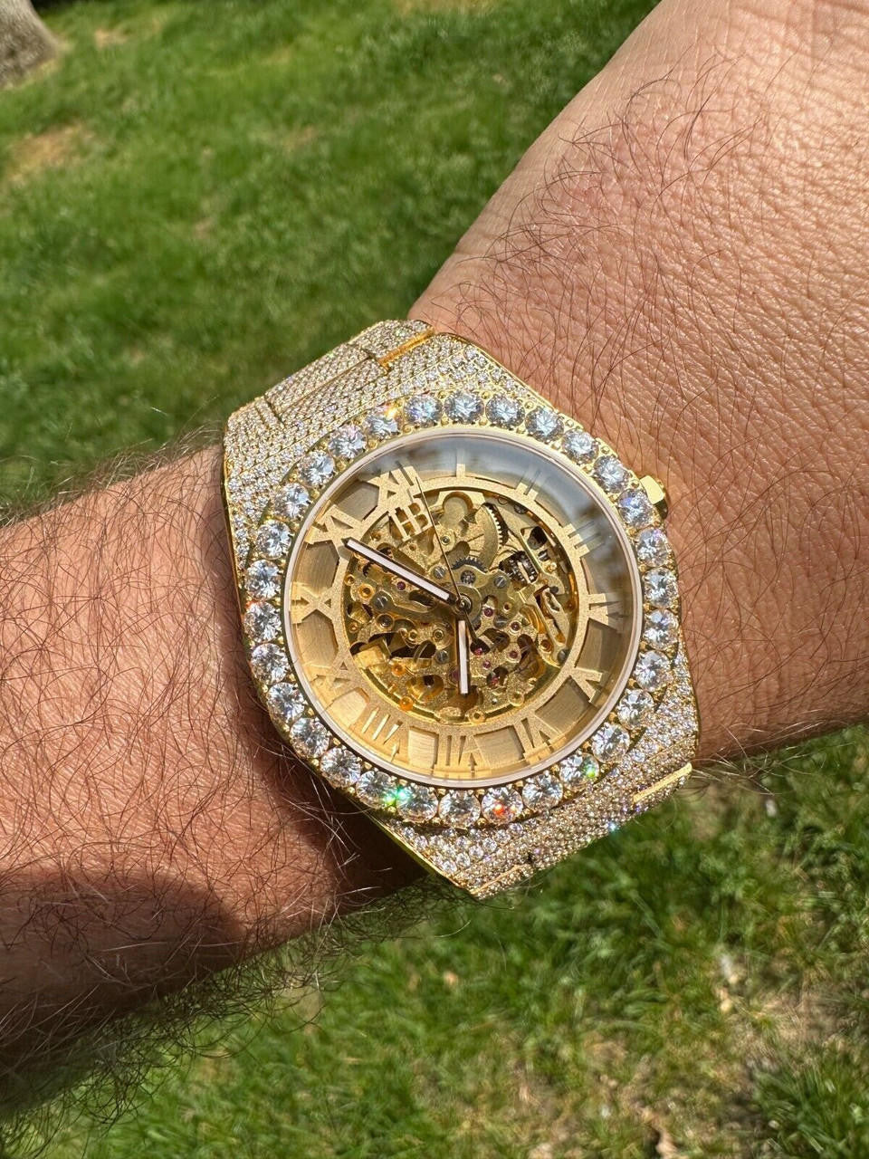 MOISSANITE Automatic Gold Skeleton Watch Mens Real Iced Hip Hop Passes Tester 