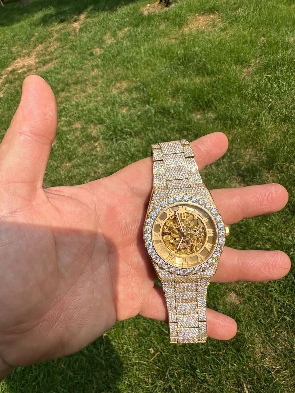 MOISSANITE Automatic Gold Skeleton Watch Mens Real Iced Hip Hop Passes Tester 