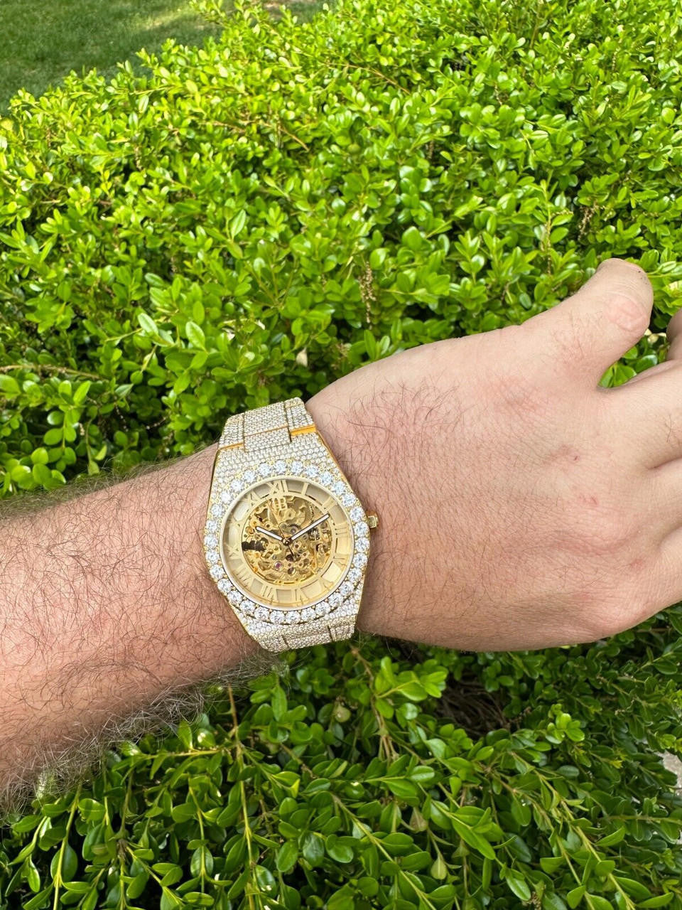 MOISSANITE Automatic Gold Skeleton Watch Mens Real Iced Hip Hop Passes Tester 