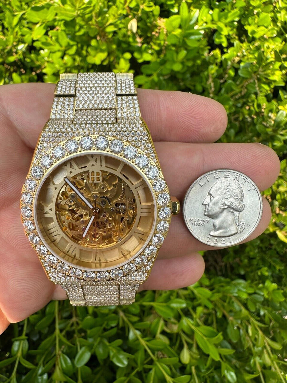 MOISSANITE Automatic Gold Skeleton Watch Mens Real Iced Hip Hop Passes Tester 
