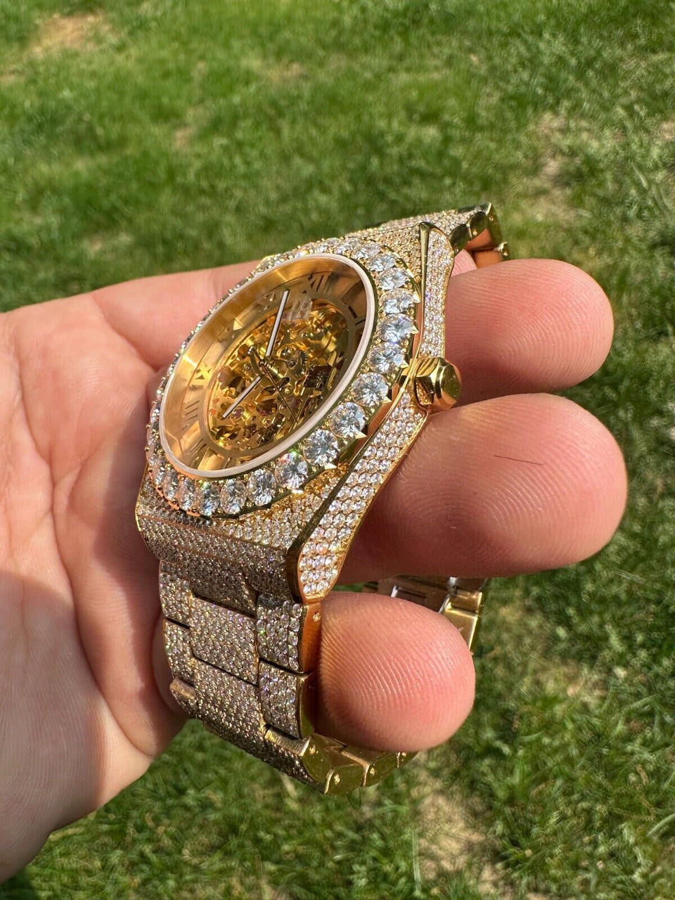 MOISSANITE Automatic Gold Skeleton Watch Mens Real Iced Hip Hop Passes Tester 
