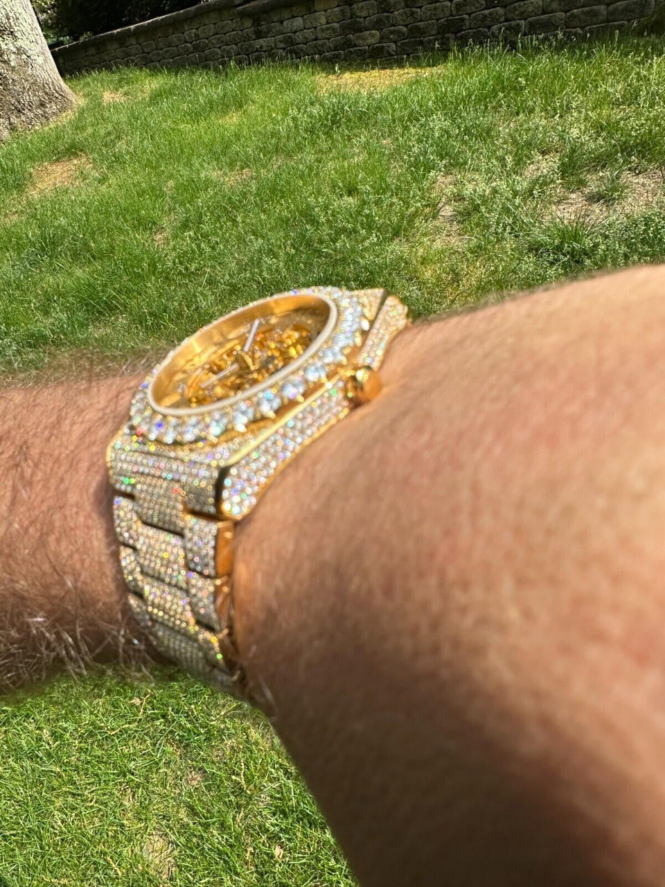 MOISSANITE Automatic Gold Skeleton Watch Mens Real Iced Hip Hop Passes Tester 