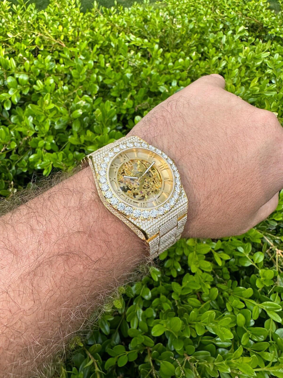 MOISSANITE Automatic Gold Skeleton Watch Mens Real Iced Hip Hop Passes Tester 