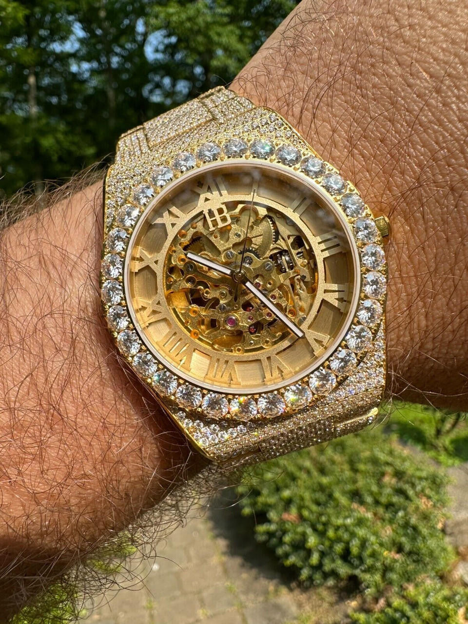 MOISSANITE Automatic Gold Skeleton Watch Mens Real Iced Hip Hop Passes Tester 