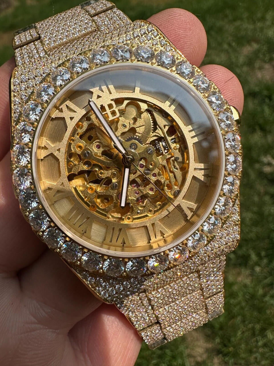 MOISSANITE Automatic Gold Skeleton Watch Mens Real Iced Hip Hop Passes Tester 
