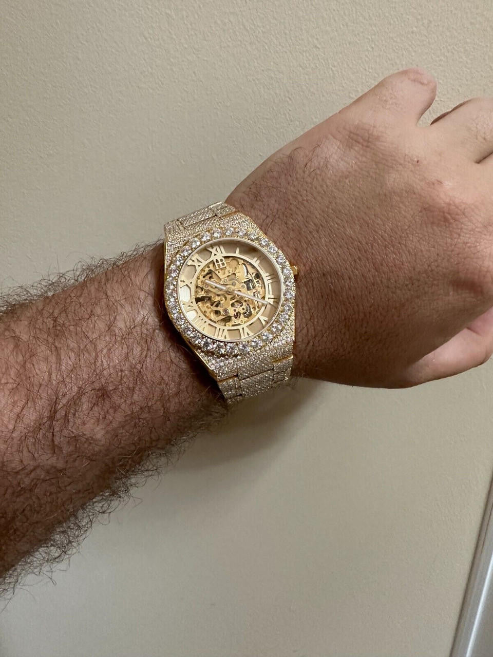 MOISSANITE Automatic Gold Skeleton Watch Mens Real Iced Hip Hop Passes Tester 