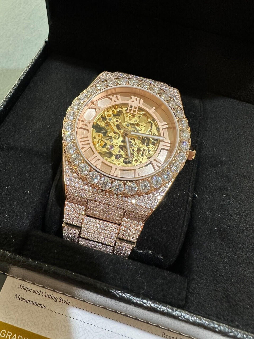 MOISSANITE Automatic Rose Gold Skeleton Watch Mens Real Iced Hip Hop PassTester