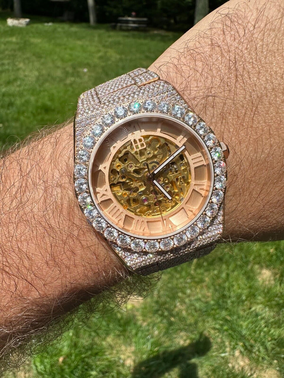 MOISSANITE Automatic Rose Gold Skeleton Watch Mens Real Iced Hip Hop PassTester