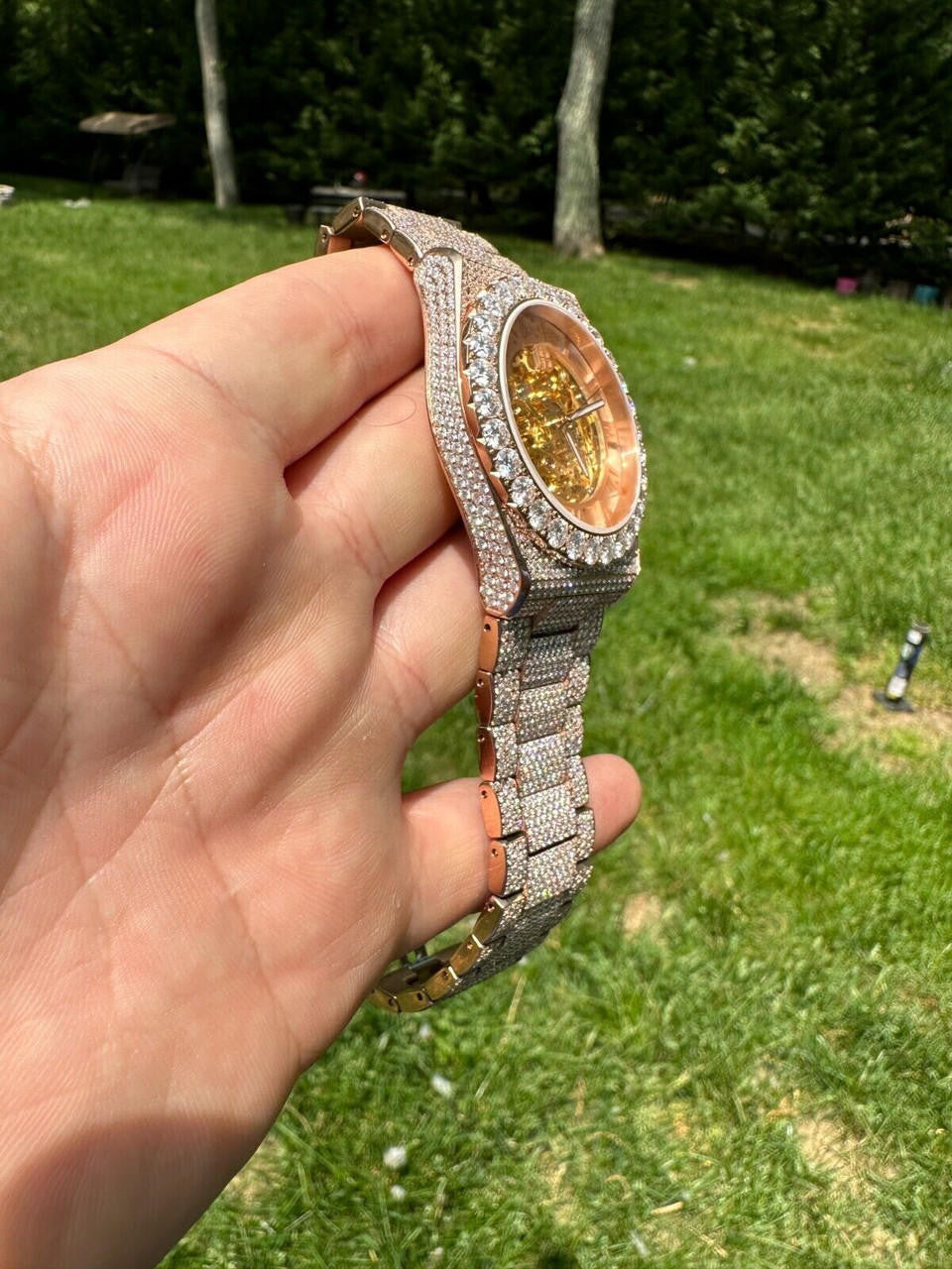 MOISSANITE Automatic Rose Gold Skeleton Watch Mens Real Iced Hip Hop PassTester