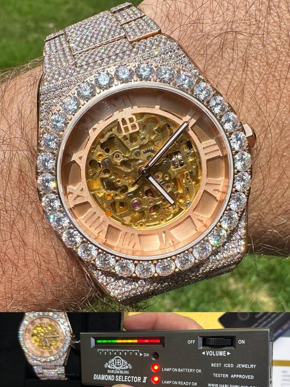 MOISSANITE Automatic Rose Gold Skeleton Watch Mens Real Iced Hip Hop PassTester