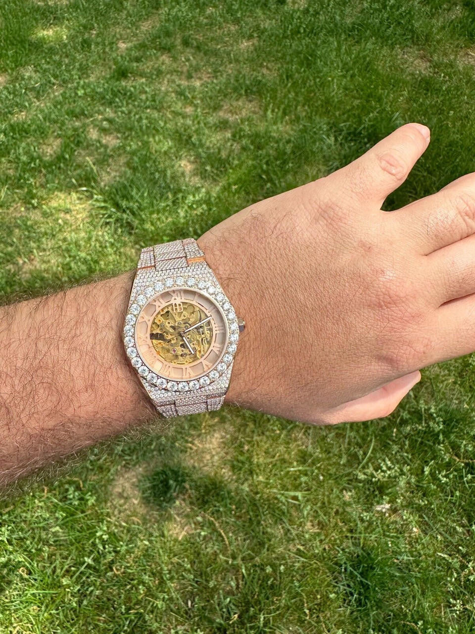 MOISSANITE Automatic Rose Gold Skeleton Watch Mens Real Iced Hip Hop PassTester