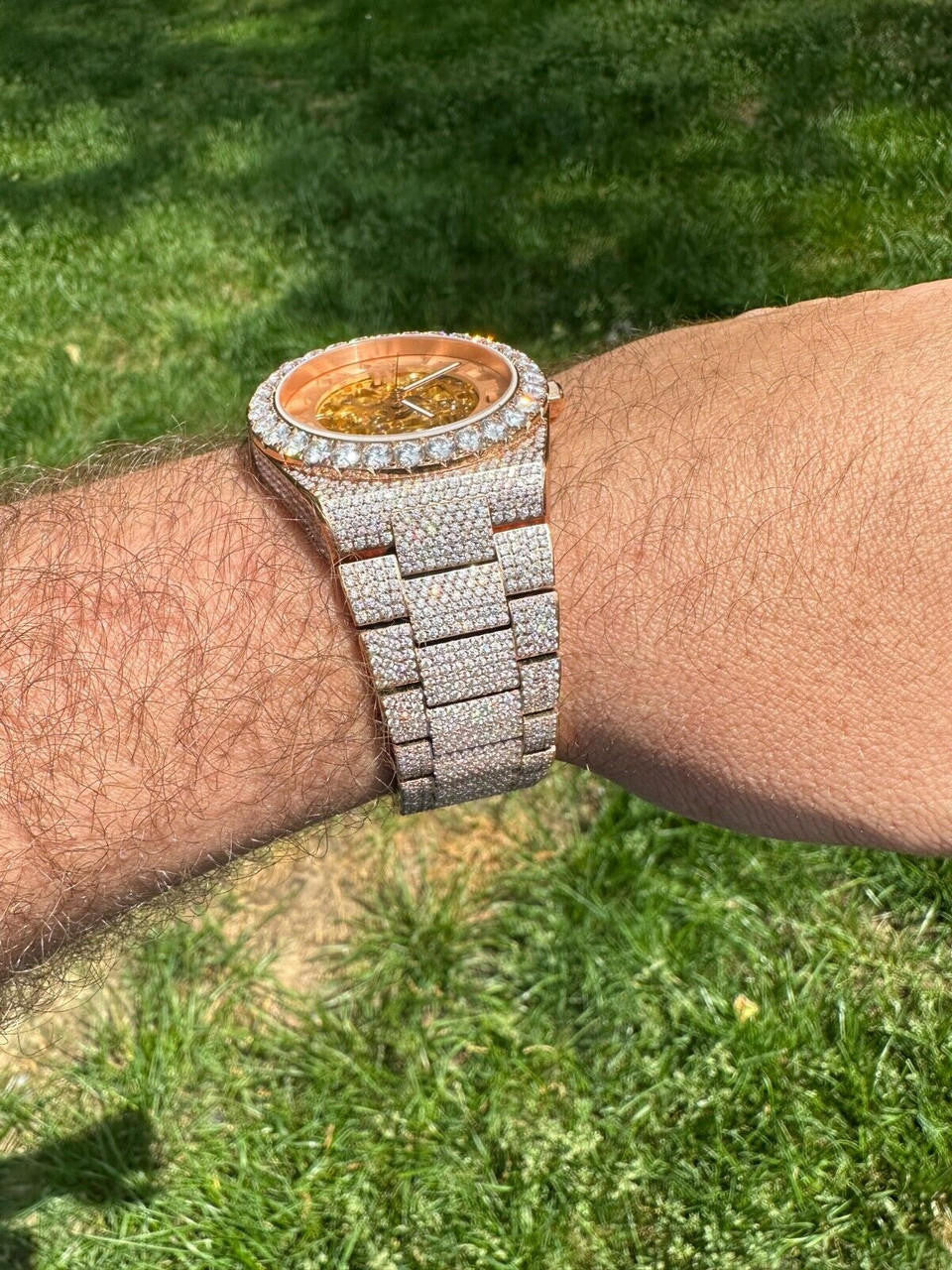MOISSANITE Automatic Rose Gold Skeleton Watch Mens Real Iced Hip Hop PassTester
