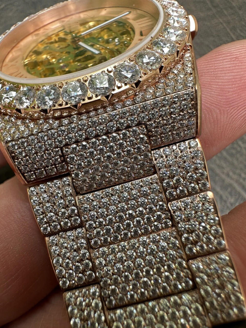 MOISSANITE Automatic Rose Gold Skeleton Watch Mens Real Iced Hip Hop PassTester