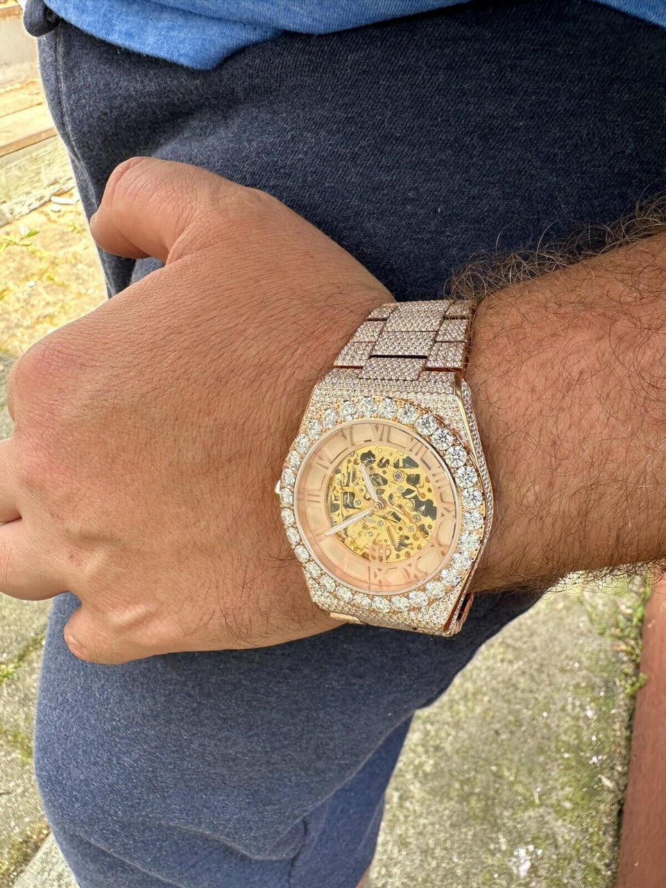 MOISSANITE Automatic Rose Gold Skeleton Watch Mens Real Iced Hip Hop PassTester