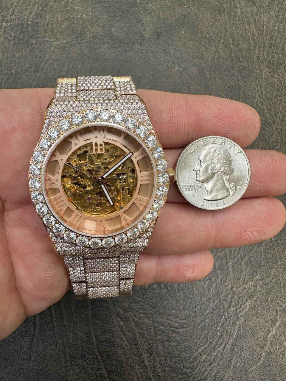 MOISSANITE Automatic Rose Gold Skeleton Watch Mens Real Iced Hip Hop PassTester