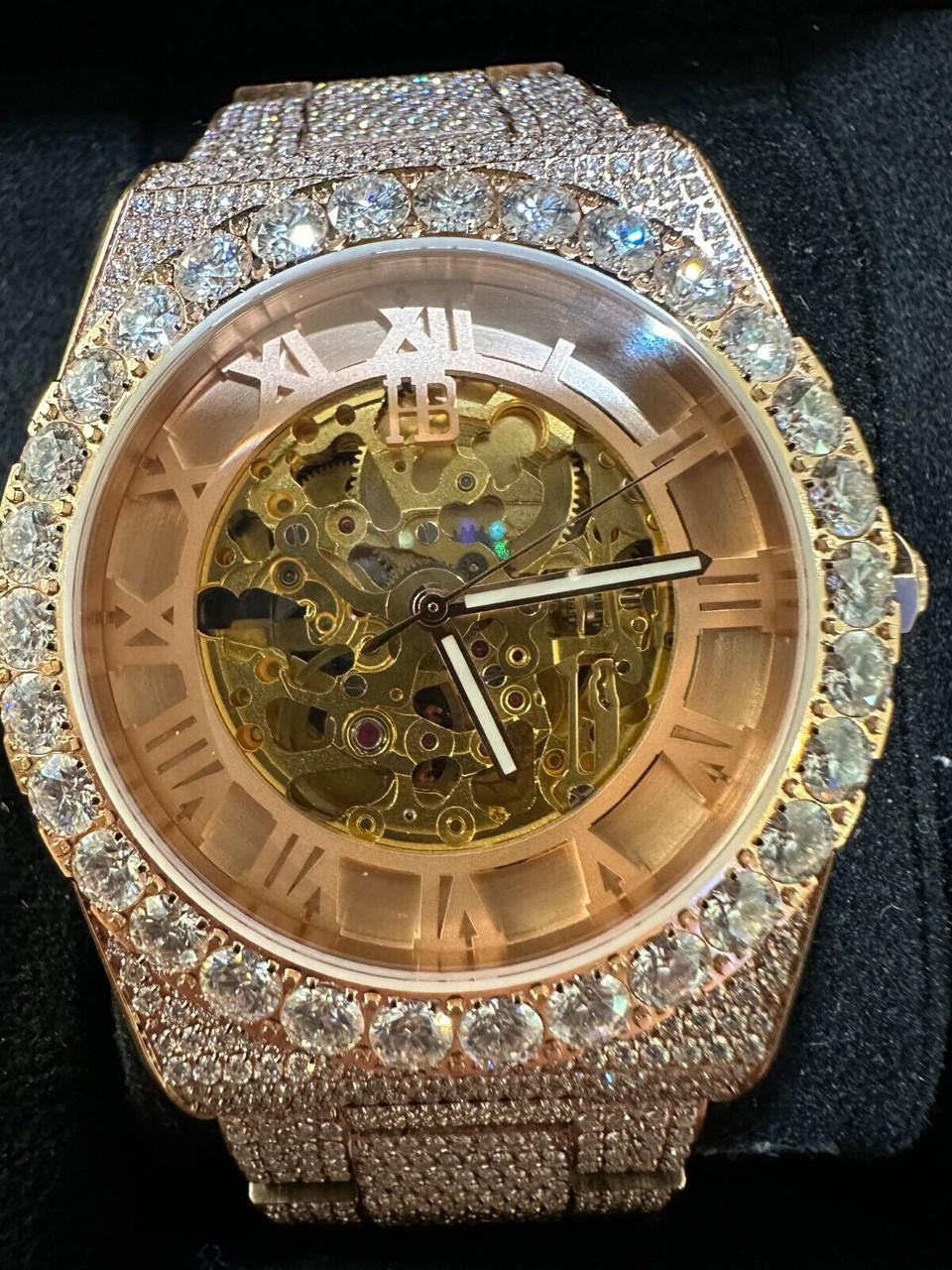 MOISSANITE Automatic Rose Gold Skeleton Watch Mens Real Iced Hip Hop PassTester