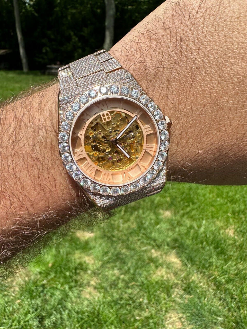 MOISSANITE Automatic Rose Gold Skeleton Watch Mens Real Iced Hip Hop PassTester