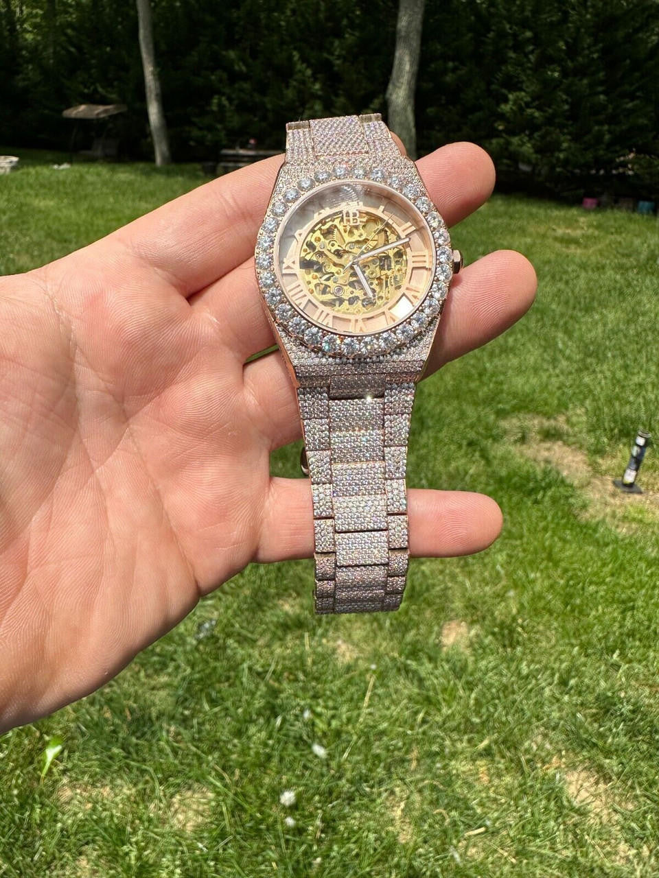 MOISSANITE Automatic Rose Gold Skeleton Watch Mens Real Iced Hip Hop PassTester