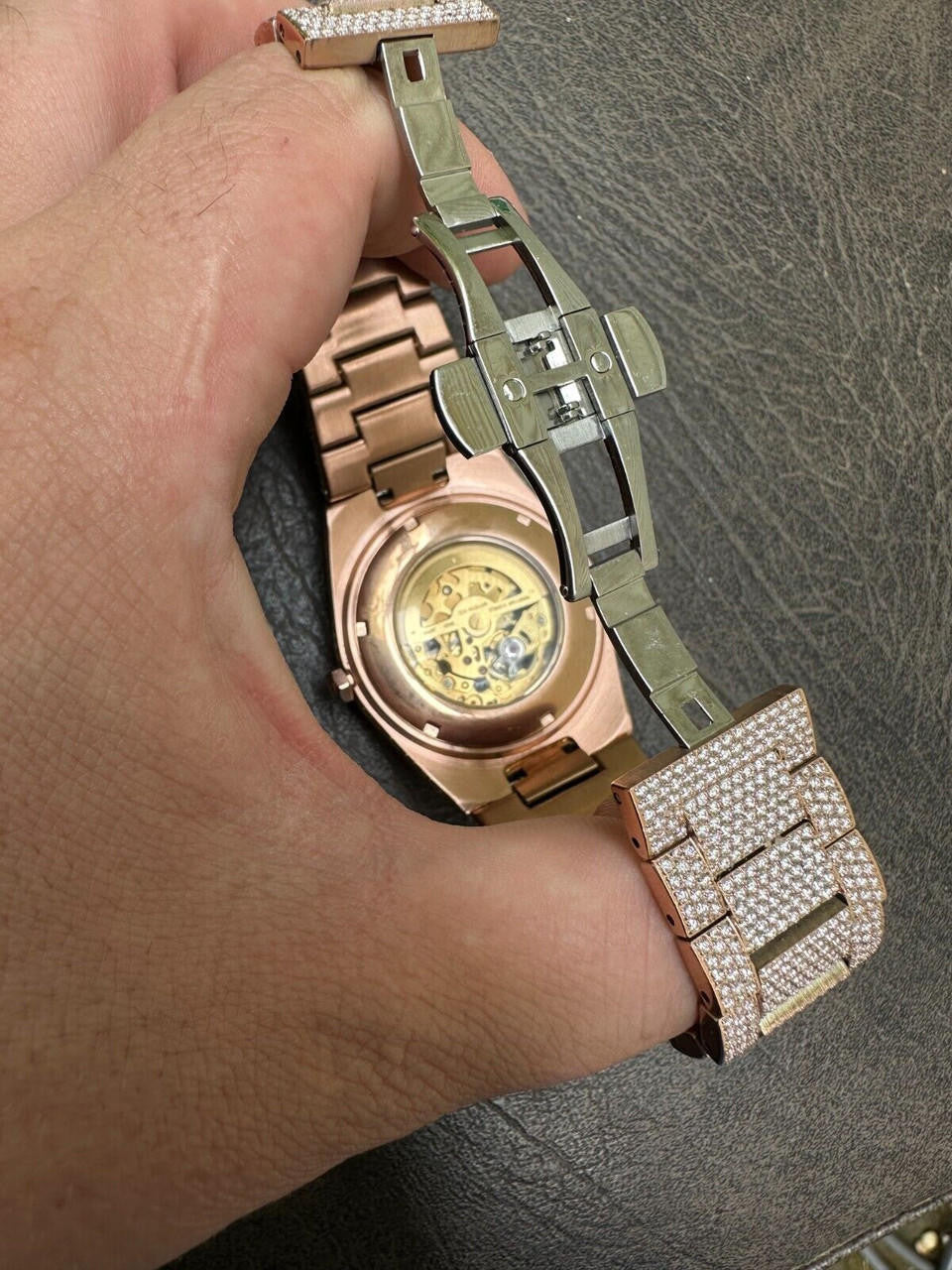 MOISSANITE Automatic Rose Gold Skeleton Watch Mens Real Iced Hip Hop PassTester