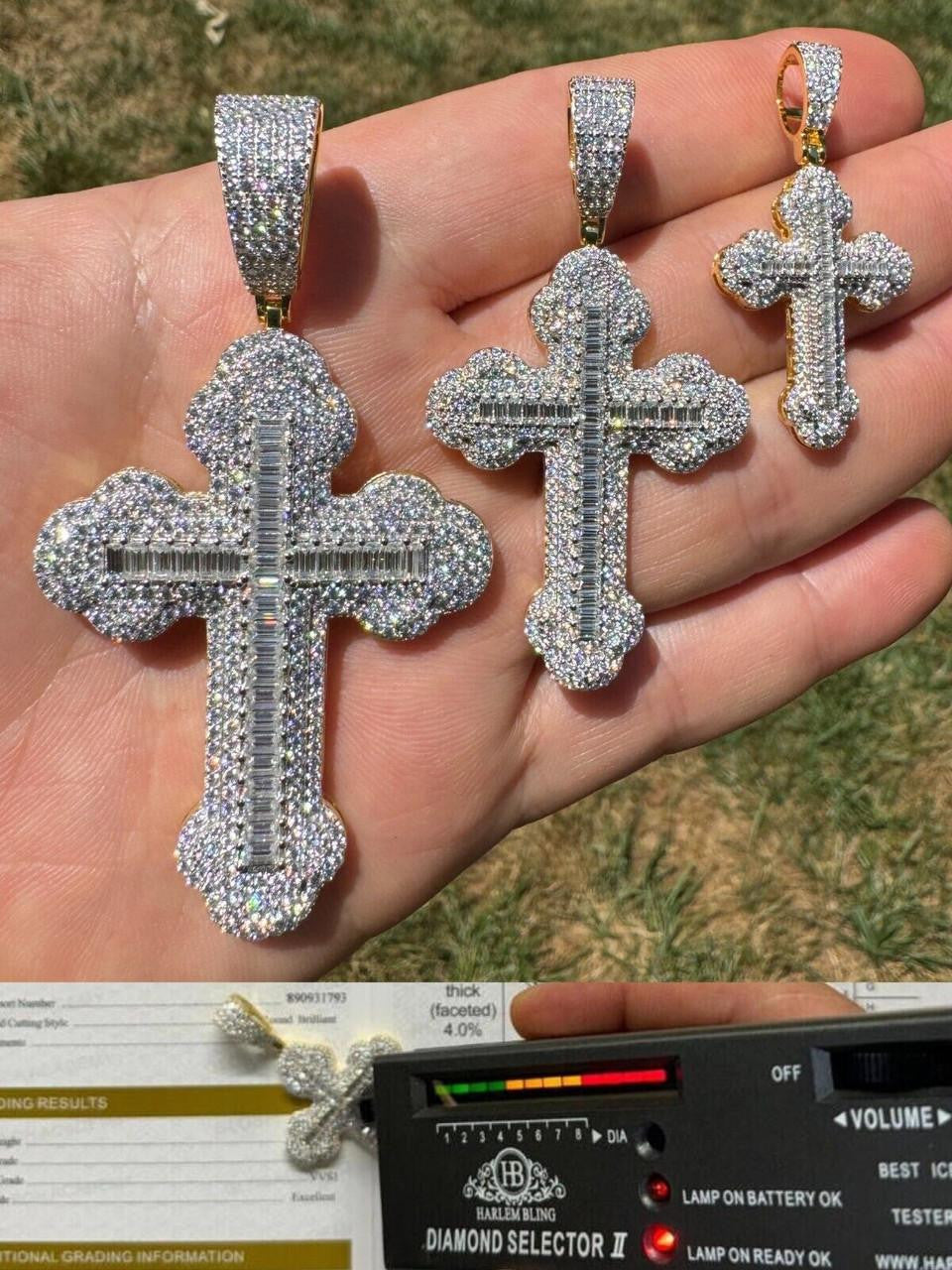 MOISSANITE Baguette Gothic Iced Out Cross Pendant - 14k Gold Vermeil 925 Silver - 3 Sizes 1.5"-3"