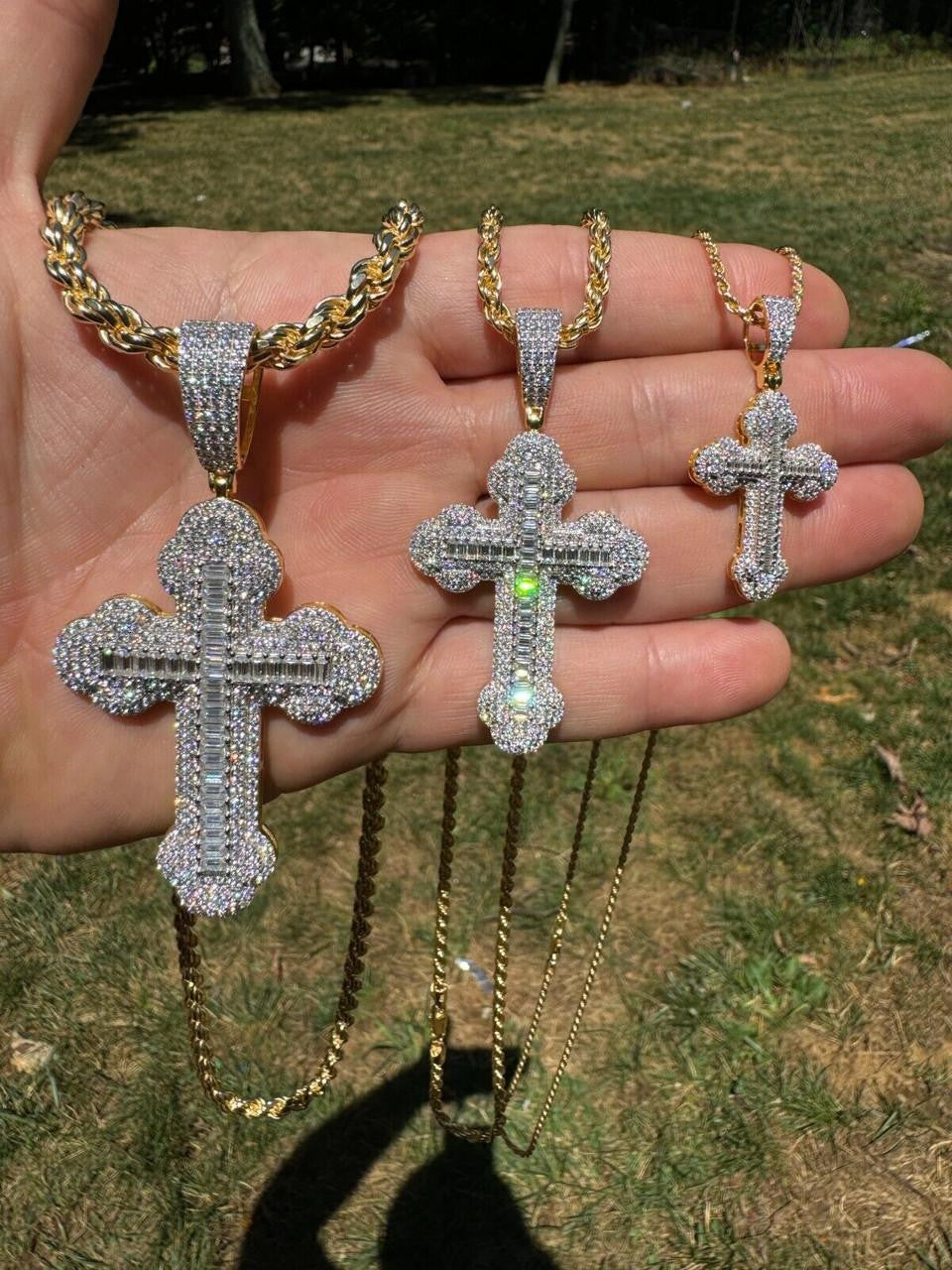 MOISSANITE Baguette Gothic Iced Out Cross Pendant - 14k Gold Vermeil 925 Silver - 3 Sizes 1.5"-3"