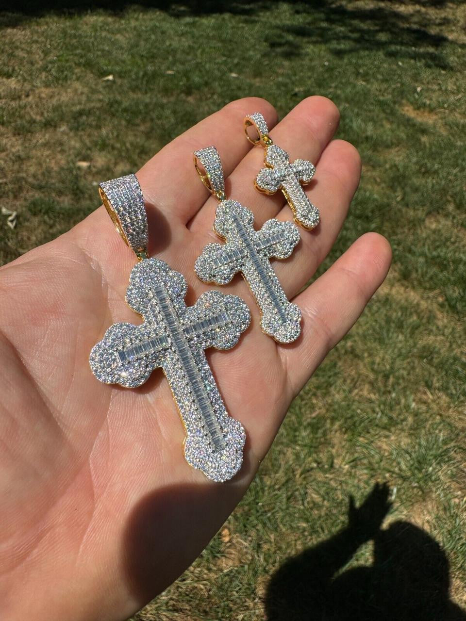 MOISSANITE Baguette Gothic Iced Out Cross Pendant - 14k Gold Vermeil 925 Silver - 3 Sizes 1.5"-3"
