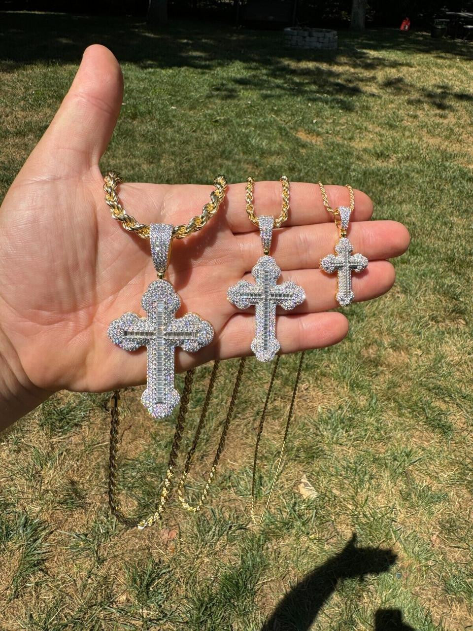 MOISSANITE Baguette Gothic Iced Out Cross Pendant - 14k Gold Vermeil 925 Silver - 3 Sizes 1.5"-3"