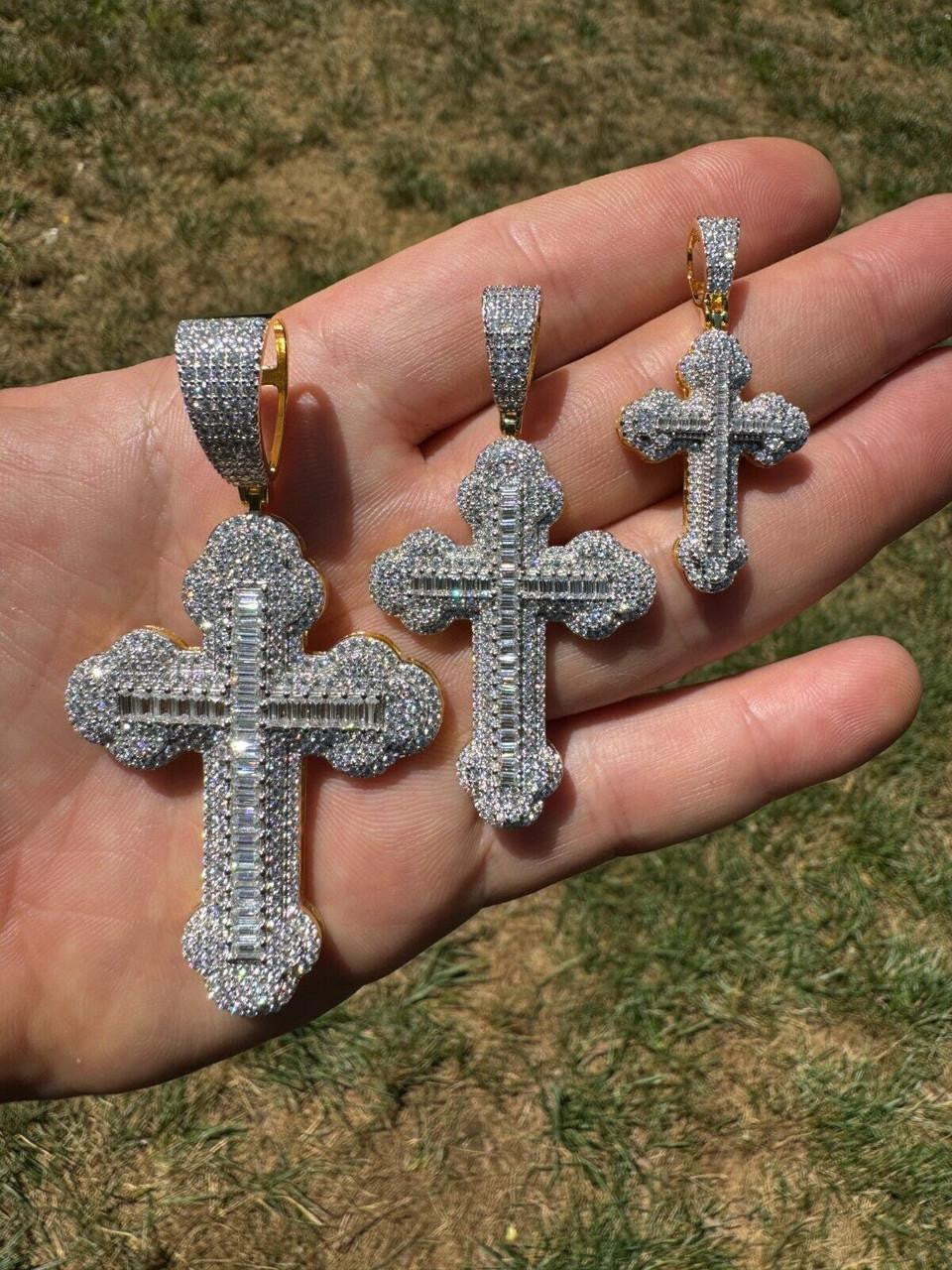 MOISSANITE Baguette Gothic Iced Out Cross Pendant - 14k Gold Vermeil 925 Silver - 3 Sizes 1.5"-3"