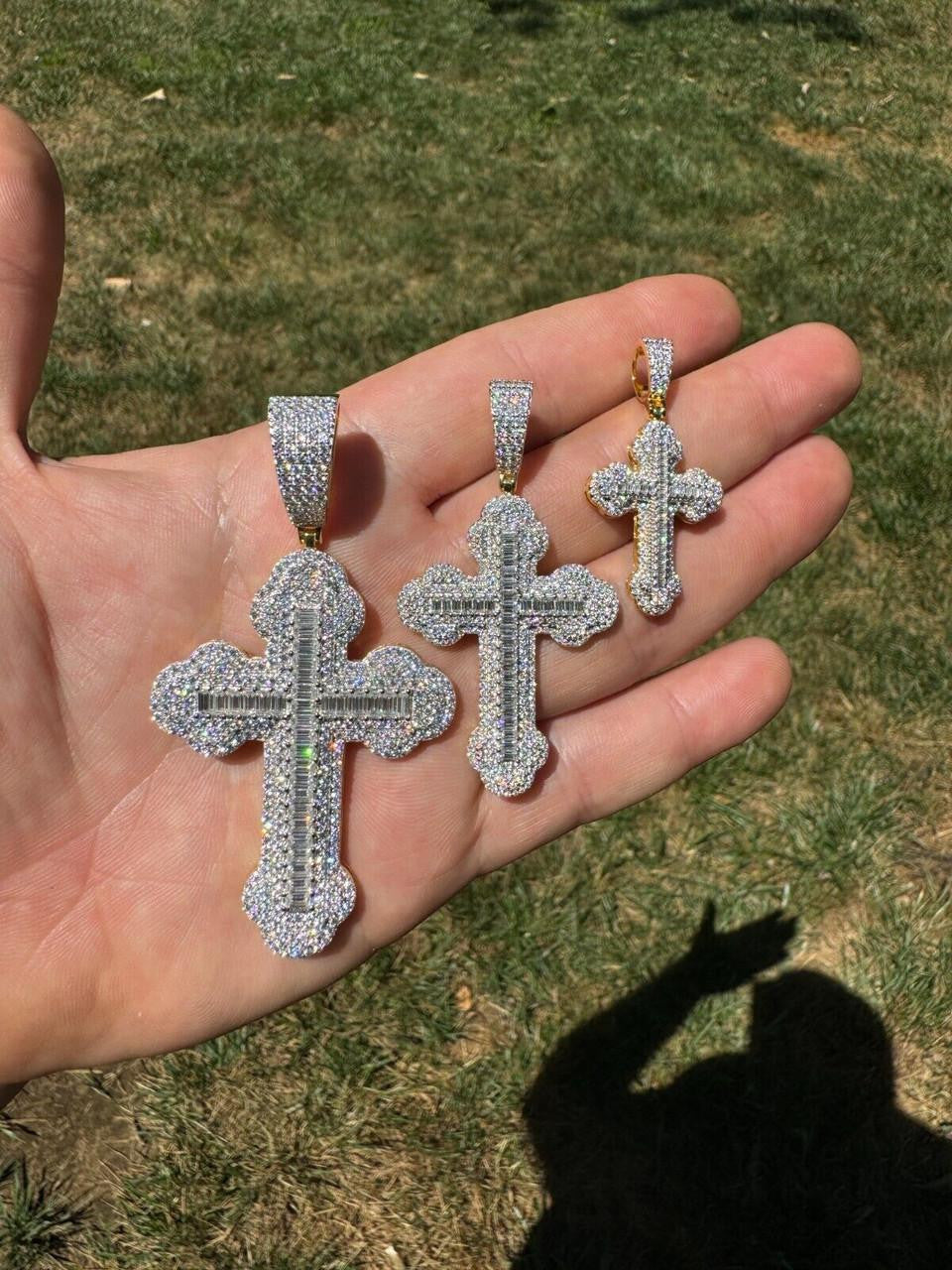 MOISSANITE Baguette Gothic Iced Out Cross Pendant - 14k Gold Vermeil 925 Silver - 3 Sizes 1.5"-3"