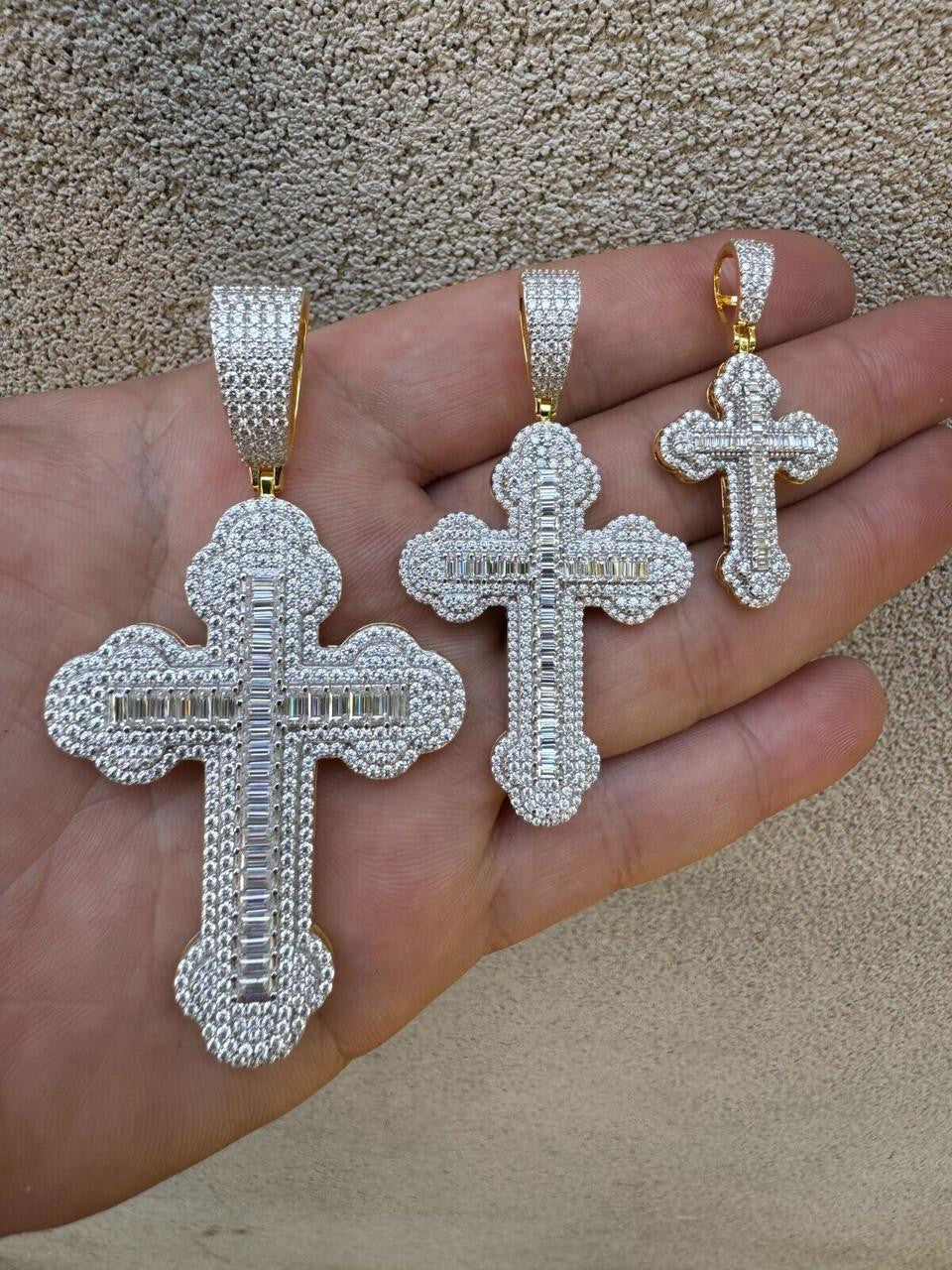 MOISSANITE Baguette Gothic Iced Out Cross Pendant - 14k Gold Vermeil 925 Silver - 3 Sizes 1.5"-3"