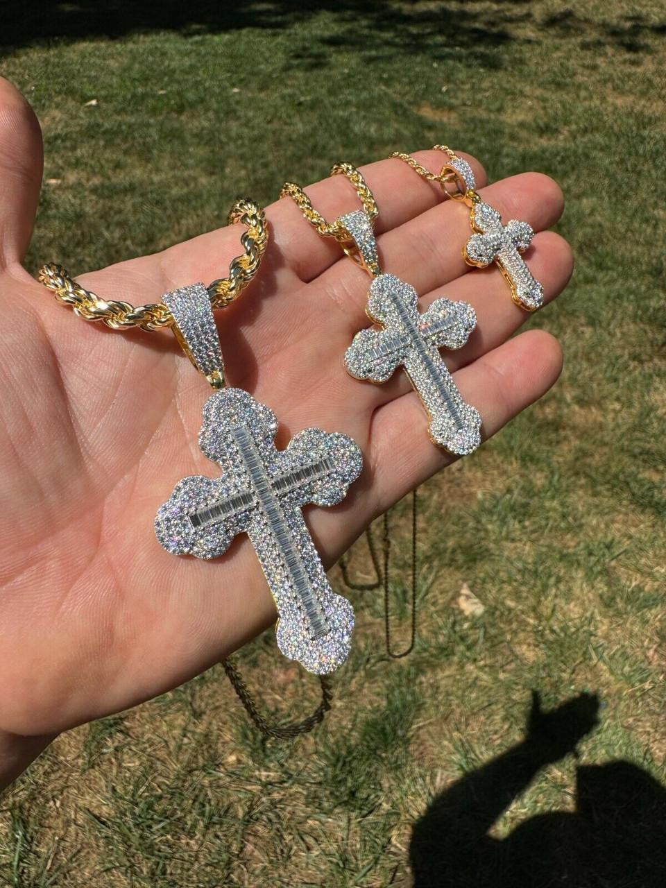 MOISSANITE Baguette Gothic Iced Out Cross Pendant - 14k Gold Vermeil 925 Silver - 3 Sizes 1.5"-3"