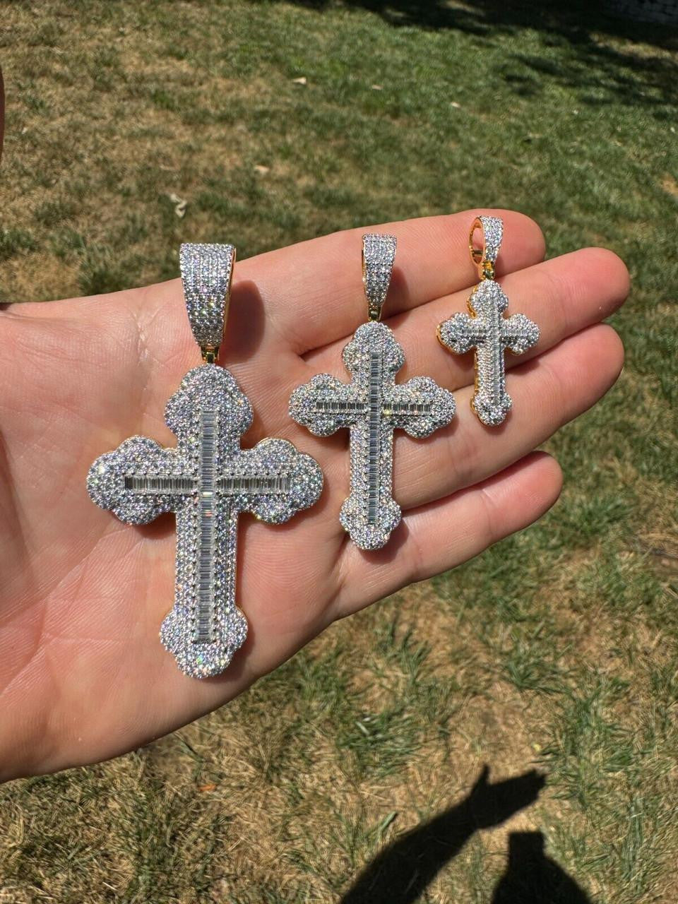 MOISSANITE Baguette Gothic Iced Out Cross Pendant - 14k Gold Vermeil 925 Silver - 3 Sizes 1.5"-3"